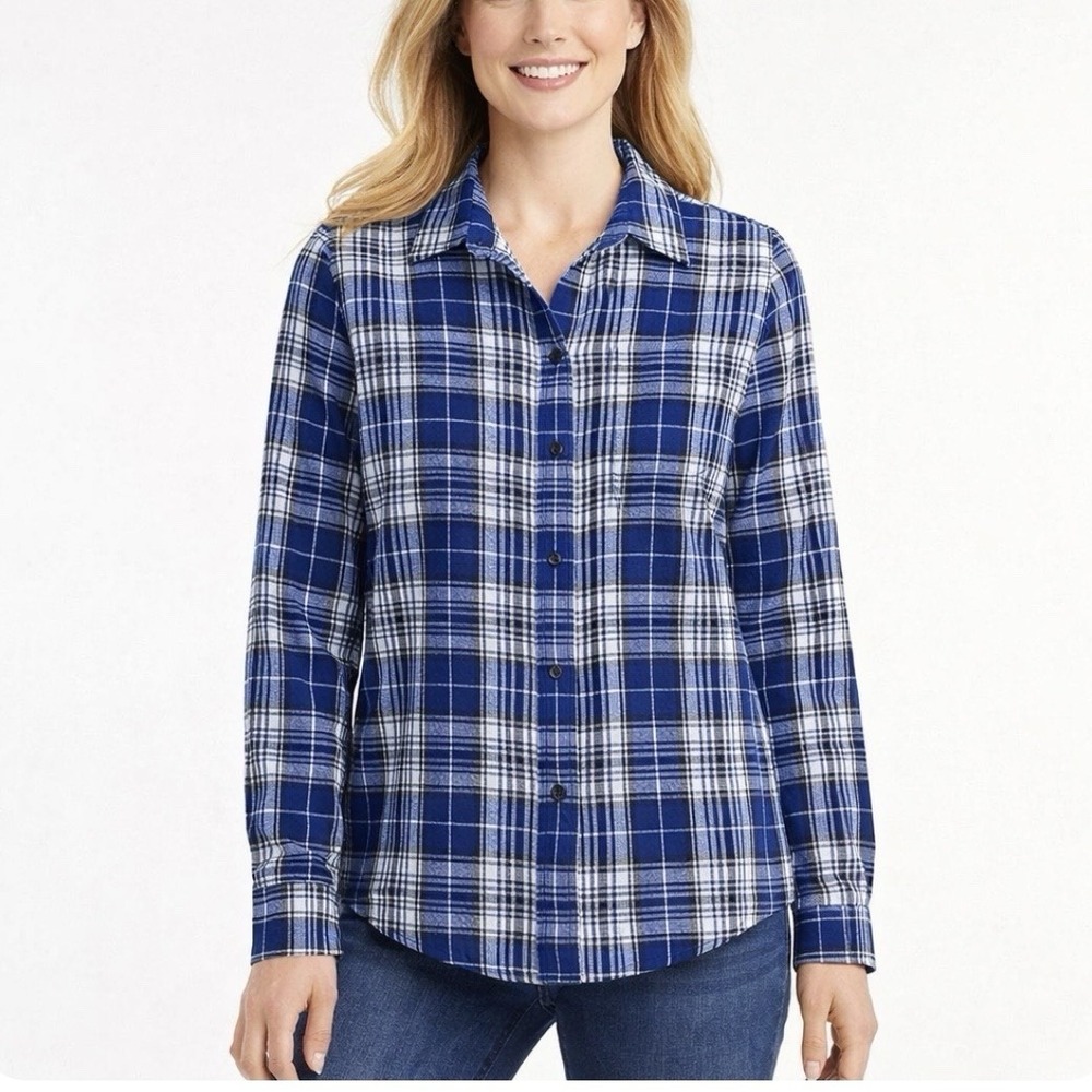 LL Bean Blue Scotch Plaid Relaxed Fit Soft Flannel Shirt MEDIUM PETITE